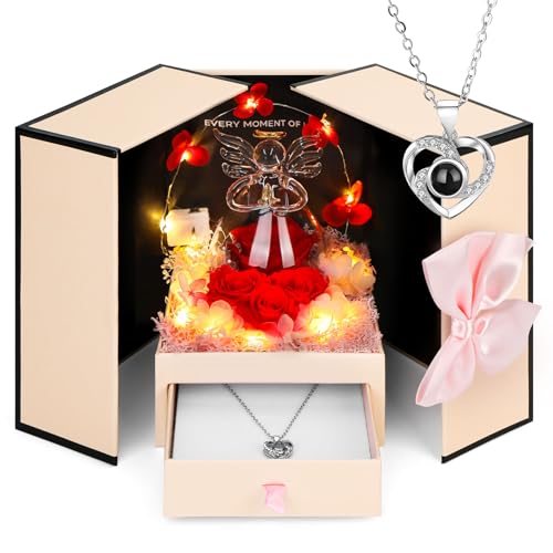 SHTALHST Rosa eterna en cristal Figura de ángel con cadena, regalos para mujeres, mamá, novia, regalo de cumpleaños para mujeres, regalo para Navidad, día de San Valentín, compromiso, día de la madre,