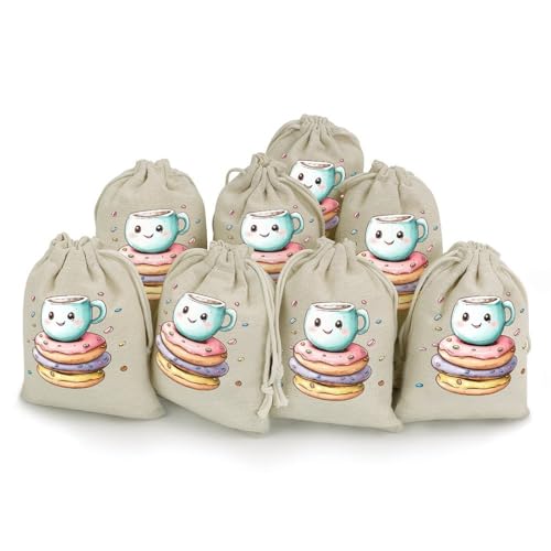 Coffee And Doughnuts 8 Pack Small Gift Bags Cotton And Linen Drawstring Pockets Sachet Bag for Party Home Supplies