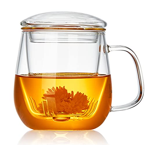 Comparison: Best Cups For Tea 3 DOPUDO Glass Tea Cup with Infuser and Lid, 17.6oz/520ml Large Borosilicate Teacup,Tea Glass, Clear Mug for Loose Leaf Tea, Blooming Tea, Microwave & Dishwasher Safe - Tea Maker Gift for Birthday