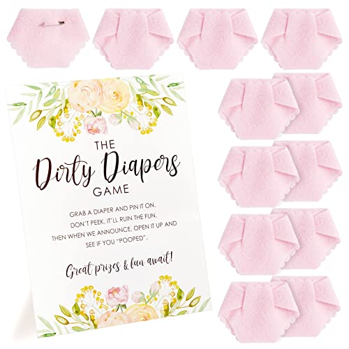 Sparkle and Bash Baby Shower Games Dirty Diaper Activity - 12 Pink Felt Minis & 8.5 x 11-Inch Instruction Card - Diapers for Baby Shower Game