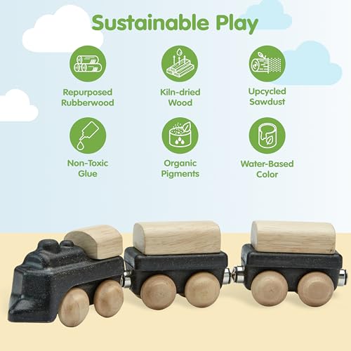 Image of PlanToys Classic Train Wooden Montessori Vehicle Toy | Early Movement, Imagination and Practical Life Exploration | Eco Friendly Train Set for Indoor and Outdoor Play