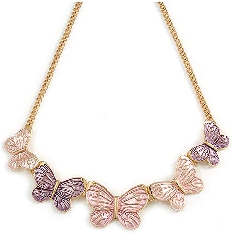 Avalaya Pastel Pink/Purple Enamel Butterfly with Gold Tone Chain Necklace - 40cm L/ 6cm Ext, gold, purple, pink - Image 5