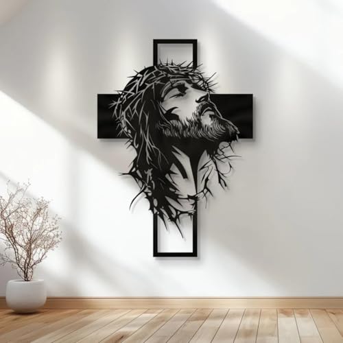 Image of BLIND SHOP Jesus Face and Plus Sign Metal Art for Home Decor | Wall Sculpture Home Decoration | Metal Art | Metal Wall Art | Wall Decor (57x43x1.5 CM)