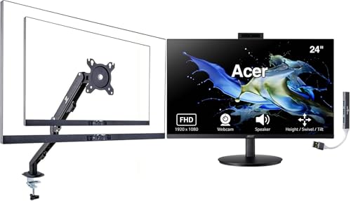 Image of Acer 24 inch FHD IPS Conferencing Monitor with Anti-Glare | Speakers, Webcam, Adjustable Height /Swivel /Tilt, VESA Mount, HDMI, VGA & DKZ USB Port Expander ErgoFlexy Single Mount Arm