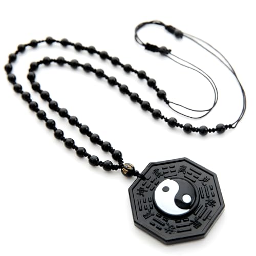 Black Yin Yang Obsidian Necklace with Bagua Pendant Traditional Chinese Feng Shui Design combination of black and white 1.9 inch Octagonal Medallion with Beaded Chain Black and white Yin Yang Necklace with Bagua Pendant - Traditional Chinese Feng Shui Jewelry for Peace & Prosperity to your family Packaged in a gift box