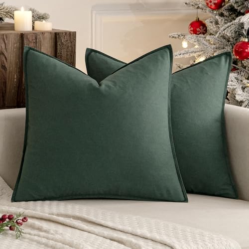 MIULEE Pack of 2 Christmas Linen Pillow Covers 20x20 Inch Dark Green