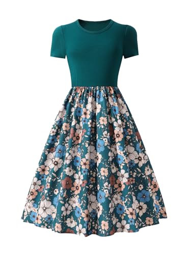Seechoslo NEW 8-14Years Girls Elegant Dress Short Sleeve A-Line Floral Midi Party Special Occasion (US, Age, 13 Years, 14 Years, Green)