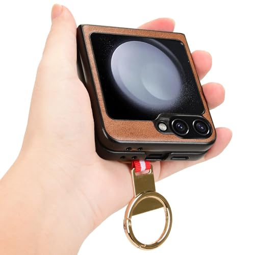 Image of Flip Cover for Samsung Galaxy Z Flip 6 5G, Leather Shockproof Polycarbonate Case (Ring Case, Pack of: 1) (Brown)