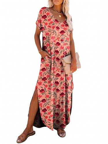 Image of Dokotoo Summer Dresses for Women 2026 Maxi Dress V Neck Cap Sleeve Sundress with Pockets Womens Dresses Beach Vacation