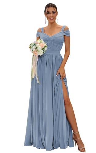 Image of SOLODISH Chiffon Dusty Blue Bridesmaid Dresses for Women Chiffon Pleated Off The Shoulder Evening Formal Dress with Slit US16