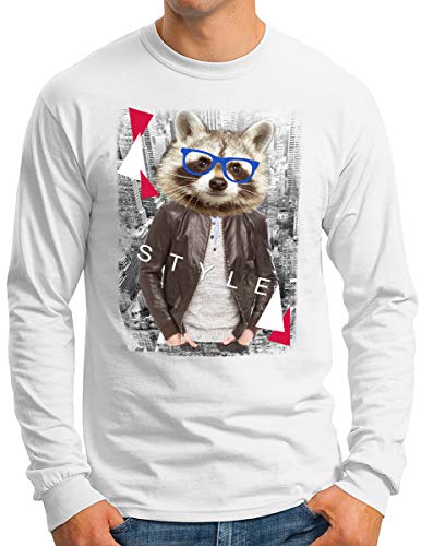 T-shirt homme manches longues blanc OM3 vêtement graphique imprimé raton laveur swag hipster L