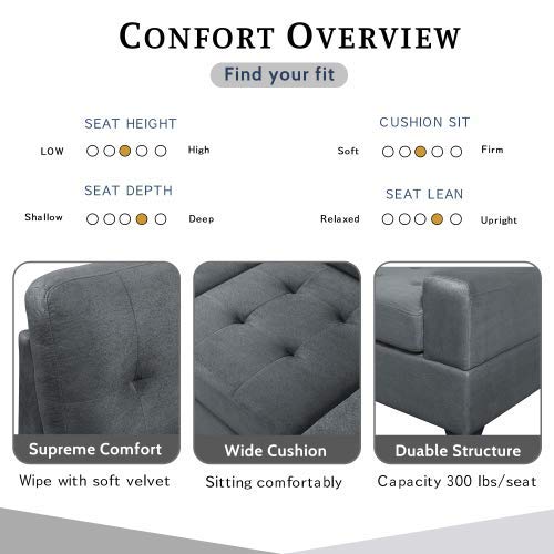 NOUVCOO Sectional, L-Shaped Sofa with Reversible Chaise Lounge Ottoman and Cup Holders, Gray Microfiber