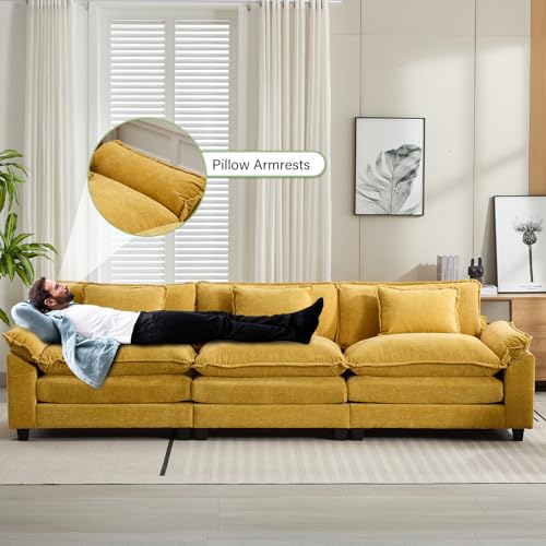 Image of Oprisen 120 inch Modular Sectional Sofa, Comfy Cloud Couch Sectional Sofa, Chenille Sofa Sleeper Deep Seat Sofa with Throw Pillows for Living Room (Yellow, 120 inch- 3 Seater)