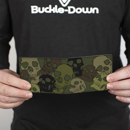 Buckle-Down Wallet, Bifold, Camo Olive Skull Yard, Vegan Leather4