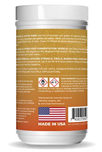 Essential Values Powder Brewery Wash (35 Uses) | Carboy Cleaner - Safely Remove Stubborn Stains | Multi-purpose Cleanser for Brewery Equipment | For Stainless Steel, Rubber, & Plastics - Made in USA