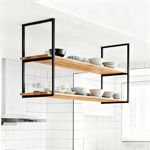VOHJIXJYW Ceiling Mount Floating Shelves, 2-Tier Industrial Ceiling Storage Rack, Wooden Hanging Display Stand for Kitchen Bar, Plant Wine Bottle Dish Organizer(120x30x80cm)