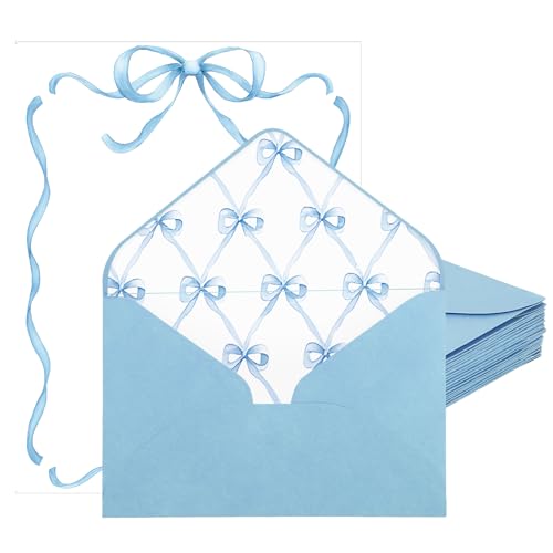 24Pcs Baby Shower Blue Thank You Cards with Envelopes, Bowknot Card for Appreciation Stationery Paper Blue Bow Stickers Set Cute Letter Writing for Birthday Supplies, 8.5 x 11 Inch
