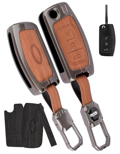 Image of Coll of Fest Premium Metal Leather Key Cover Compatible with Ford Fiesta | Figo | Old Ecosport Flip Key 3 Button Smart Key (2-in-1 Dual Leather Metal (Black & Brown)
