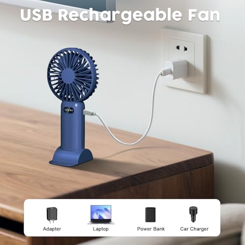 YTGUORKC Portable Handheld Fan, 5 Speed Personal Handheld fan and Desktop with Base, USB Rechargeable Battery Operated Mini Small Hand Fan With LED Display for Travel Indoor Outdoor