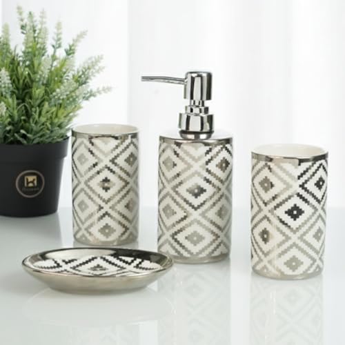 Image of Kookee Ceramic Bathroom Accessories Set of 4, Modern Bath Set with Liquid handwash Soap Dispenser and Toothbrush Holder, Luxury Gift Accessory for Home (12229)