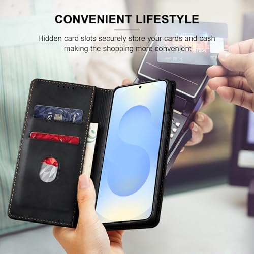 Image of Jasonyu Flip Wallet Case for Samsung Galaxy S25,Leather Magnetic Folio Cover with Card Holder,Kickstand - TPU Shockproof Durable Protective Phone Case,Black