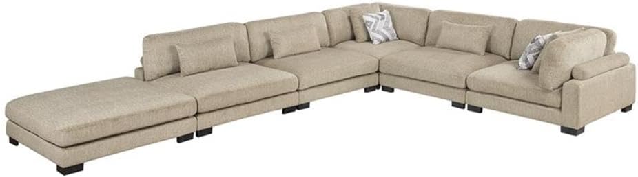 Pemberly Row Microfiber Modular Sectional Sofa with Ottoman, 6-Piece Set, Brown Upholstery, Adjustable Back and Arms, Foam Cushions, Black Faux Wood Feet, Living Room Seating, 300 lbs Capacity Per