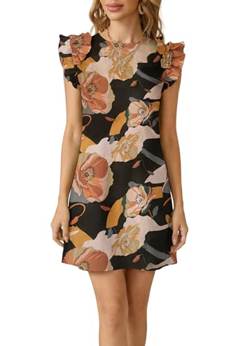 Mini Boho Dress for Women Ruffle Sleeve Tshirt Summer Dresses Round Neck Vocation Beach Casual Sundress Boho Floral, Small