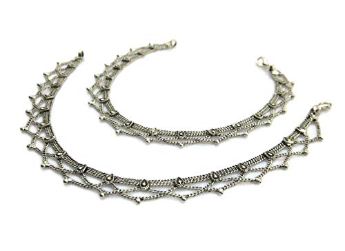 Handmade Womens Boho Anklets Pair | Silver Plated Brass Copper Metal Chain Vintage Antique Oxidized Finish | Inidan Payal Feet Ankle Bracelet Fashion Jewelry | Traditional Bollywood Festival Gypsy Hippie Goth Rave Style #TOP3