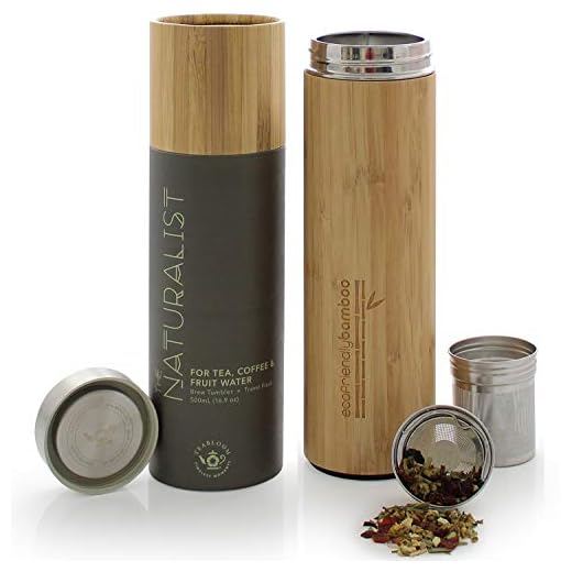 Teabloom All-Beverage Travel Tumbler – Large Capacity 17 oz / 500 ml – Insulated Thermos Mug – Eco-Friendly Bamboo – Hot and Cold Tea Infuser – Cold-Brew Coffee – Fruit-Infused Water – The Naturalist