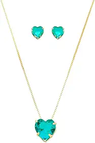 Conjunto Colar e Brinco Coração Zircônia Turmalina Banhado A Ouro 18K