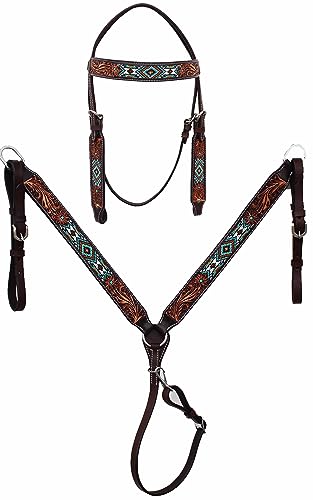 CHALLENGER Horse Show Bridle Western Leather Western Antique Floral Tooled Leather Beaded Bridle Breast Collar Tack 79RS04B