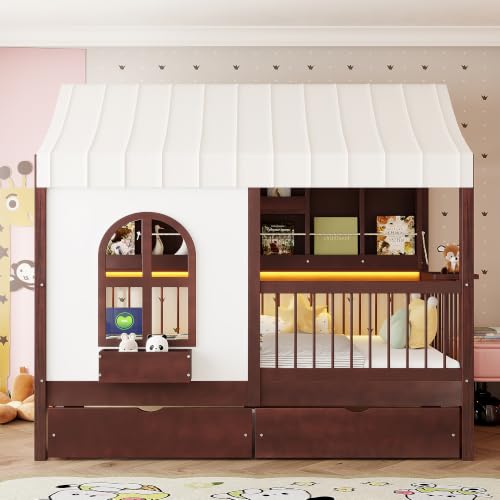 Image of House Bed with Tent and Bookshelf, 2 Drawers, USB Charging