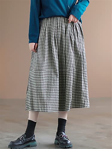 Robe en coton et lin superieur coupe retro a carreaux taille haute bleue 48