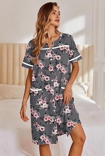 Image of Ekouaer Nightgowns for Women House Dress with Pockets Button Down Sleepshirt Short Sleeve Nightshirt Housecoat
