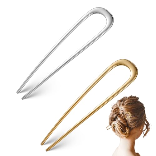 2 Stück French Twist Hair Pin U-förmige Haarnadel aus Metall 11cm Französische Haarnadel U Förmige Hairpin Haargabel für Frauen Mädchen Haarschmuck (Gold, Silber)