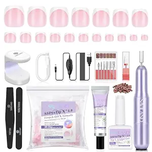 SAVILAND Gel Nail Kit for Toe: 18 Sizes All-In-1 Gel Nail X Kit with U V Light 216 Pcs Pink Toe Nail Press On with Solid Nail Glue VE & Castor Oil LED Nail Lamp Nail Drill Professional DIY Manicure