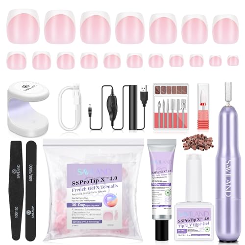 SAVILAND Gel Nail Kit for Toe: 18 Sizes All-In-1 Gel Nail X Kit with U V Light 216 Pcs Pink Toe Nail Press On with Solid Nail Glue VE & Castor Oil LED Nail Lamp Nail Drill Professional DIY Manicure