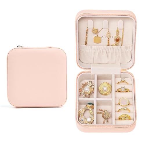 Image of Zephorus Jewelry Organizer PU Leather Zipper Portable Storage Box Case with Dividers Container for Rings, Earrings, Necklace Home Organizer (Pink)