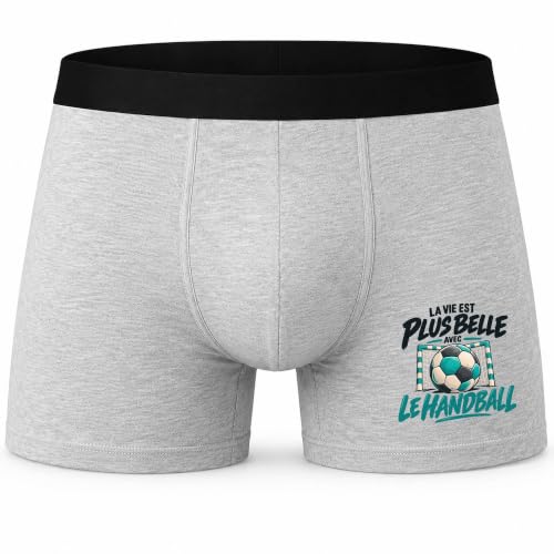 Boxer Homme La Vie est Plus Belle avec Le Handball | modèle 3 | Caleçon Coton Gris Motif Devant Coutures Plates Taille L | Idée Cadeau Handballeur Fête des Pères Noël
