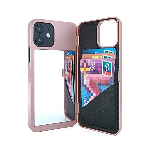 iPhone 12 Case,W7ETBEN Hidden Back Mirror Wallet Case with Stand Feature and Card Holder for iPhone 12 2020, 6.1" (Rose Gold)