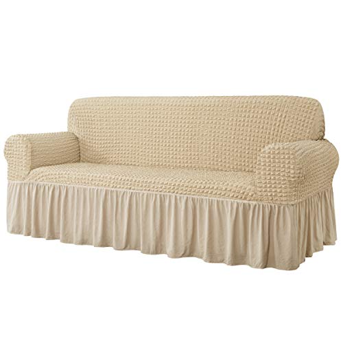 CHUN YI Universal Sofa Slipcover with Skirt 1 Piece Fitted Couch Cover for 3 Seaters, Washable High Elastic Durable Seersucker Fabric with Skirt Country Style (3 Seater,Light Khaki)