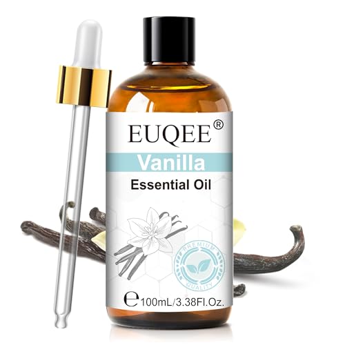 EUQEE Vanilla Essential Oil 100ml, 100% Natural and Pure Vanilla Oil for Aromatherapy Diffuser, Massage, DIY Soap, Candle Making, Skin & Hair Care - 3.38 Fl Oz