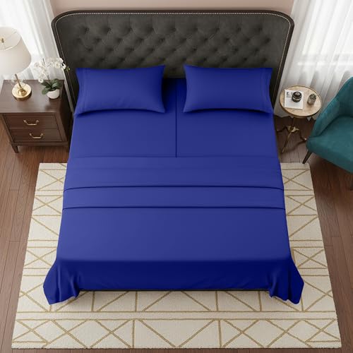 Image of Elegant Comfort Luxurious 1500 Premium Hotel Quality Microfiber Three Line Embroidered Softest 5-Piece Bed Sheet Set, Wrinkle and Fade Resistant, Split King, Royal Blue