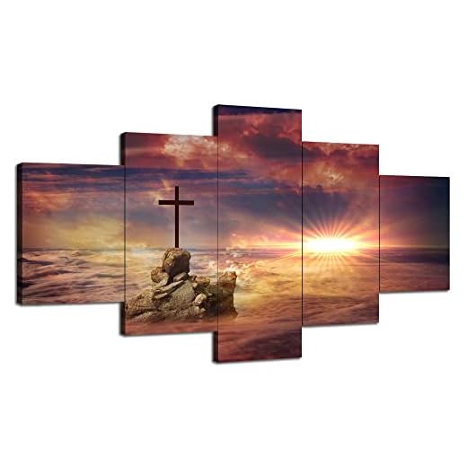 Cross on a Rock Wall Decor Religious Jesus Christ Spiritual Wall Art Picture Canvas Print Christian Poster Painting Framed Home Living Room Bedroom Decoration Ready to Hang(60''Wx32''H)