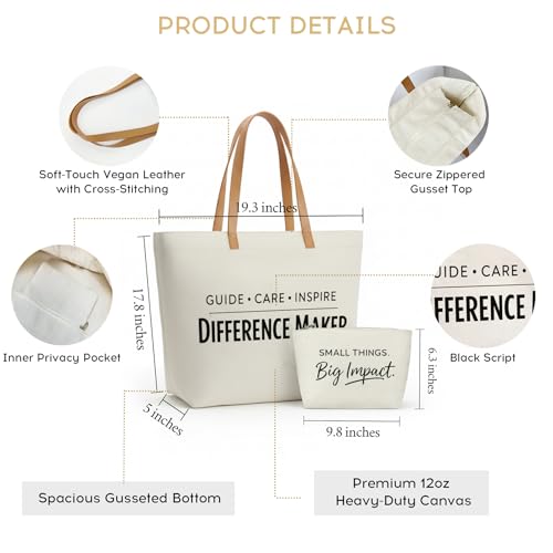 Image of ELEGANTPARK Appreciation Gifts for Women, Difference Maker Canvas Tote Set | Large zip-top tote with interior zip pocket for coworker, employee, volunteer, mentor, office assistant and farewell gifts
