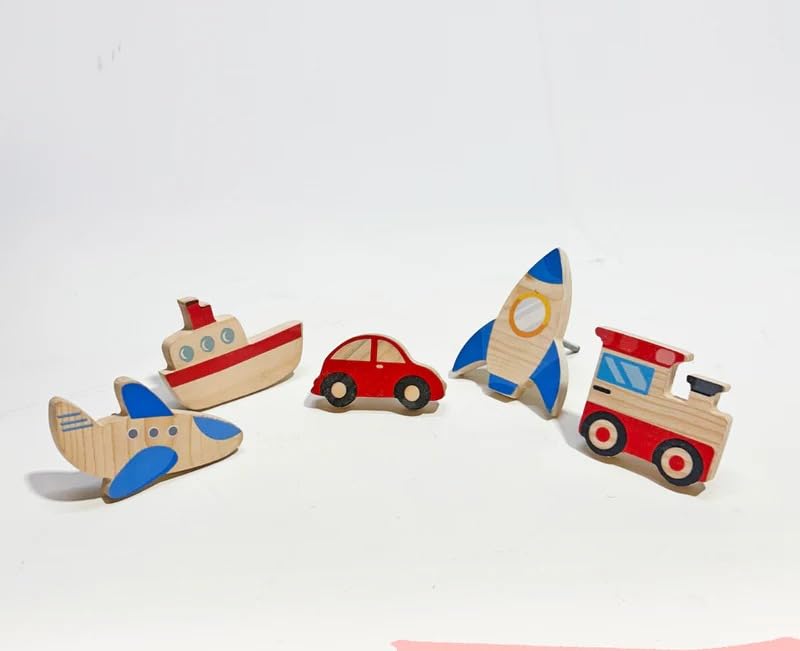 Pack of 5 Adorable Wooden Knobs (Aeroplane, Ship, Red Car, Rocket, Train)-image-45