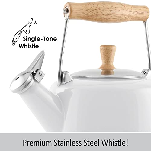 Chantal Sven Enamel On Steel Whistling Teakettle With Natural Wood Handle, 1.4 Quarts, White #TOP18