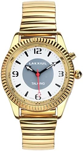 LAKXIUL English Talking Watch can Play time, Date, Month, can Set Three Alarms, Gold Alloy Shell, Gold Adjustable Length Stainless Steel Expansion Band