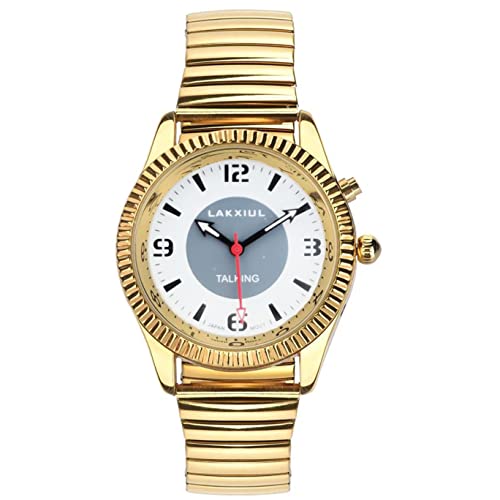 Lakxiul English Talking Watch Can Play Time, Date, Month, Can Set Three Alarms, Gold Alloy Shell, Gold Adjustable Length Stainless Steel Expansion Band #TOP1