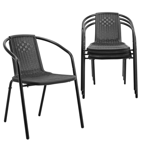 VINGLI PE Rattan Outdoor Dining Chairs Set of 4, Plastic Stackable Patio Chairs for Indoor, Porch, Restaurant, Garden, Black